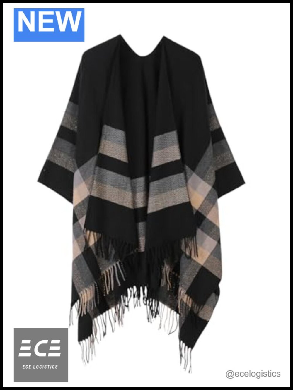 Women's Oversized Shawl Wrap Poncho with Tassels Abstract Winter